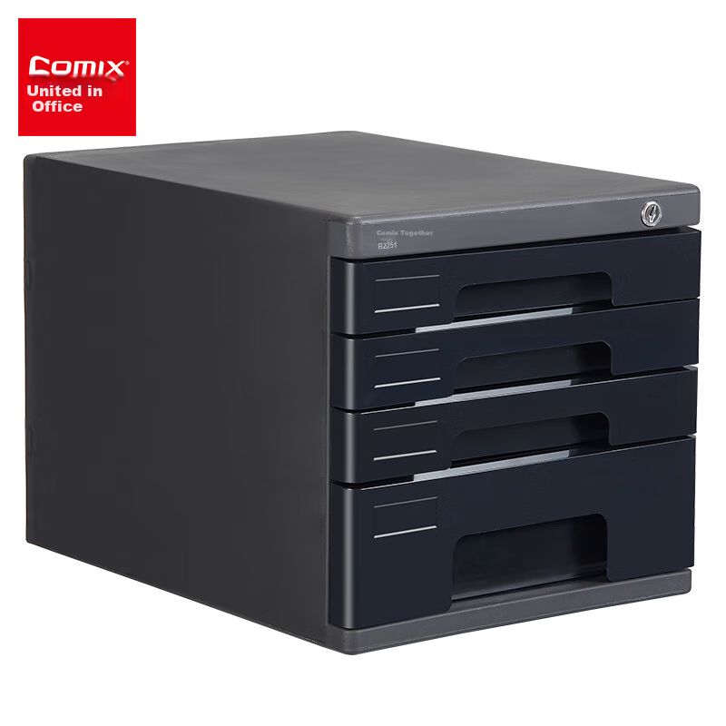 COMIX 4-Tier Lockable Desktop File Cabinet with Drawers, Plastic Storage Cabinet with Index Labels, Office Supplies, Black B2251