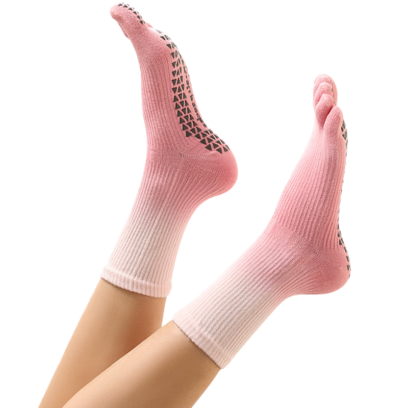 Duweike Gradient Pink Five-Toe Yoga Socks Non-Slip Pilates Mid-Calf Indoor Fitness Exercise Socks