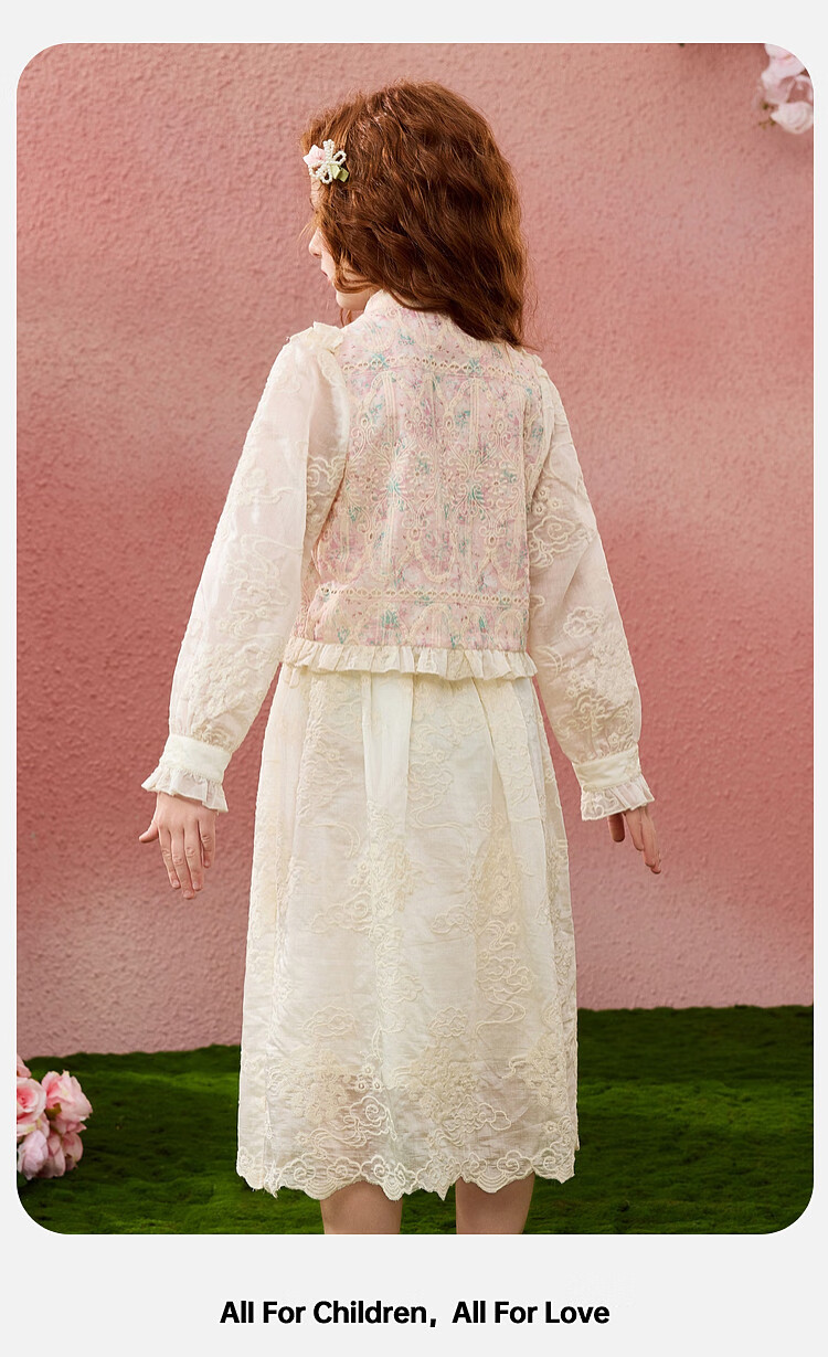 ASK JUNIOR Chinese-Style New Modern Children's Outfit, Autumn Girls' Lace Top And Skirt Two-Piece Set, Beige, Size 170 2