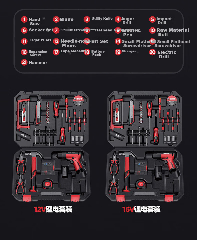 DELIXI ELECTRIC (DELIXI) Multi-Functional Lithium Battery Drill Set, Household Toolbox, Hardware And Electrical Tools, Woodworking Special Repair Kit 29