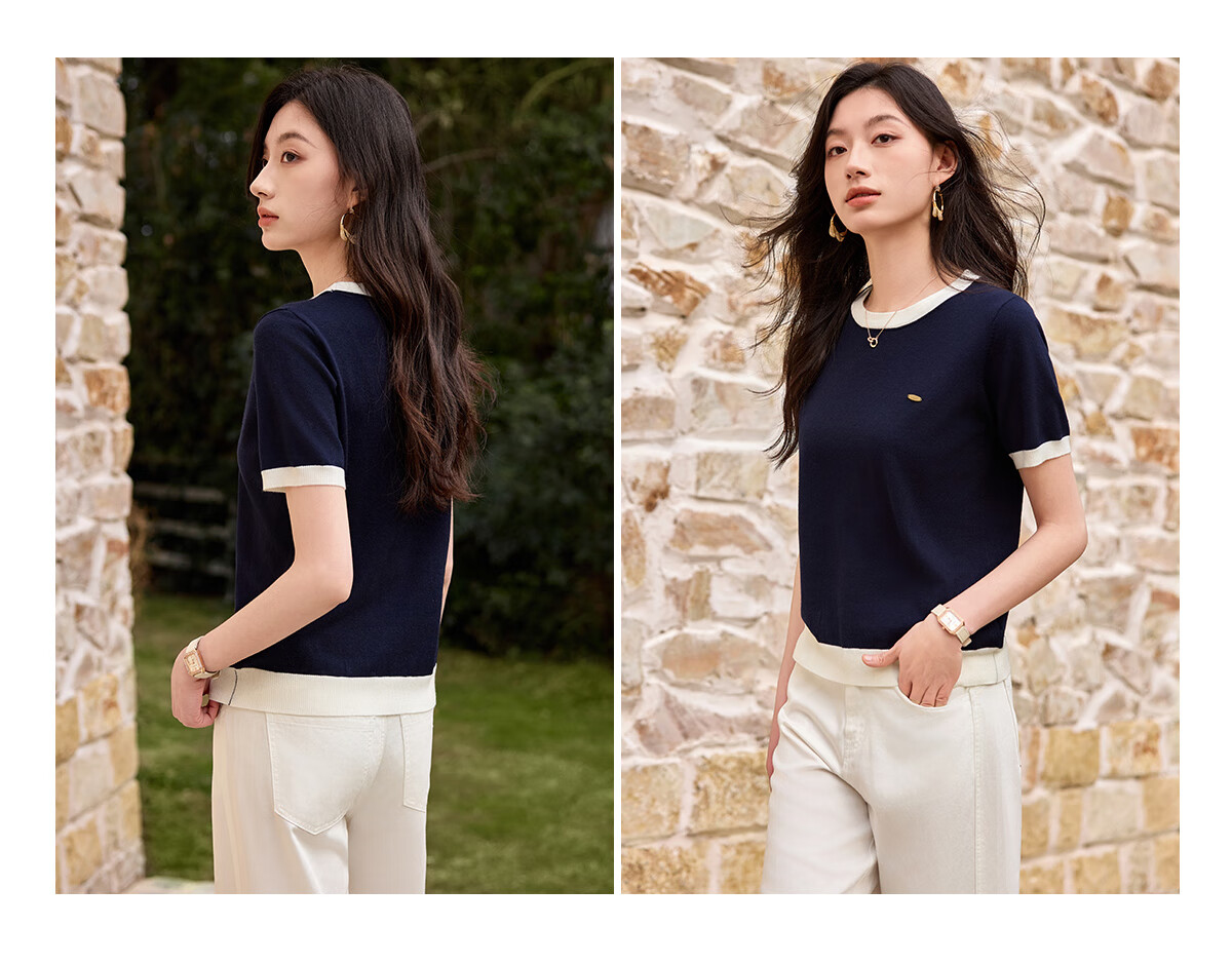 Chushen Summer Short-Sleeve T-Shirt for Women, Fashionable Round Neck Classic Contrasting Color Versatile Commuter Casual Knitted T-Shirt S52Z008 8