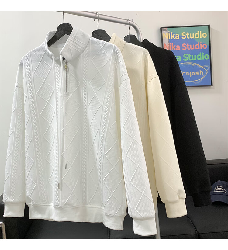 Dingfengbaoluo Jacquard Heavyweight Sweatshirt for Men, Autumn And Winter Half-Zip Turtleneck Warm Base Layer GC01 Black L 6