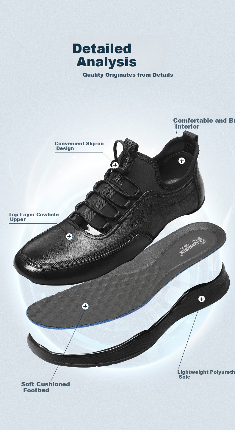 Qiangren Casual Shoes for Men, Top-Grain Leather, Extra Large Size Leather Shoes, Breathable Sports Oversized Men's Shoes, JD73097, Black, Size 45 3