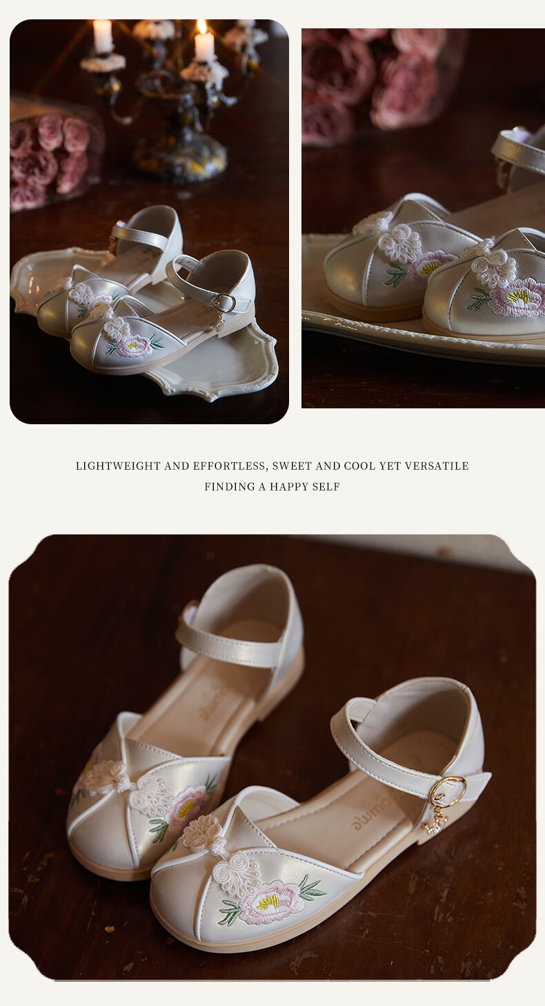 Fulomi Girls Summer Sandals Traditional Chinese Embroidered Hanfu Soft Sole Closed-Toe Princess Shoes Pearl Pink Size 31 14