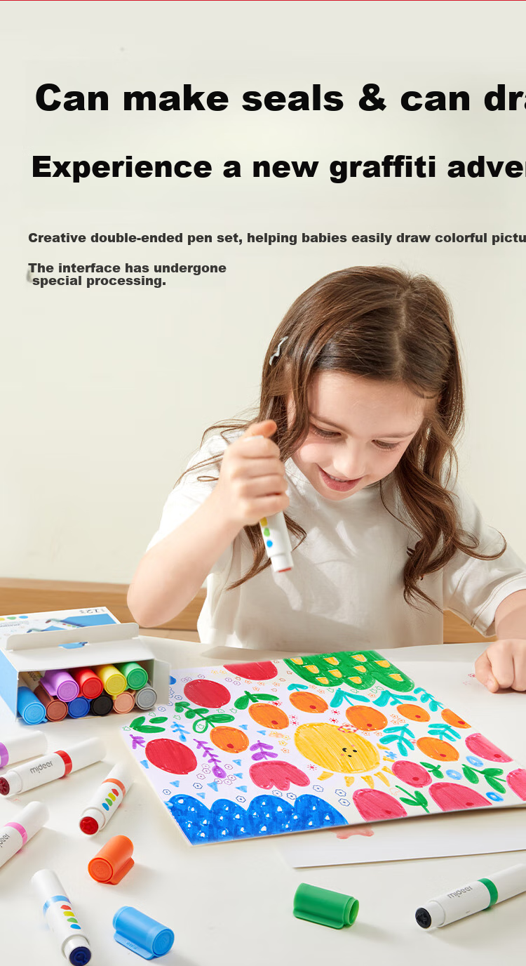 MiDeer Children's Round Tip Watercolor Markers, Dual-Tip Stamp Pen, Washable Drawing Pens with Cap, Stamp Painting Tool - 6 Colors [Upgraded Stamp Version] Watercolor Markers 1