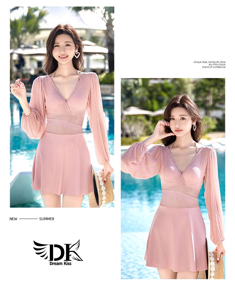 DK Women's Swimsuit, 2026 New Style, One-Piece Long Sleeve, Slimming, Elegant, Conservative, Suitable for Hot Springs, Beautiful Adult Swimwear, M Size 12