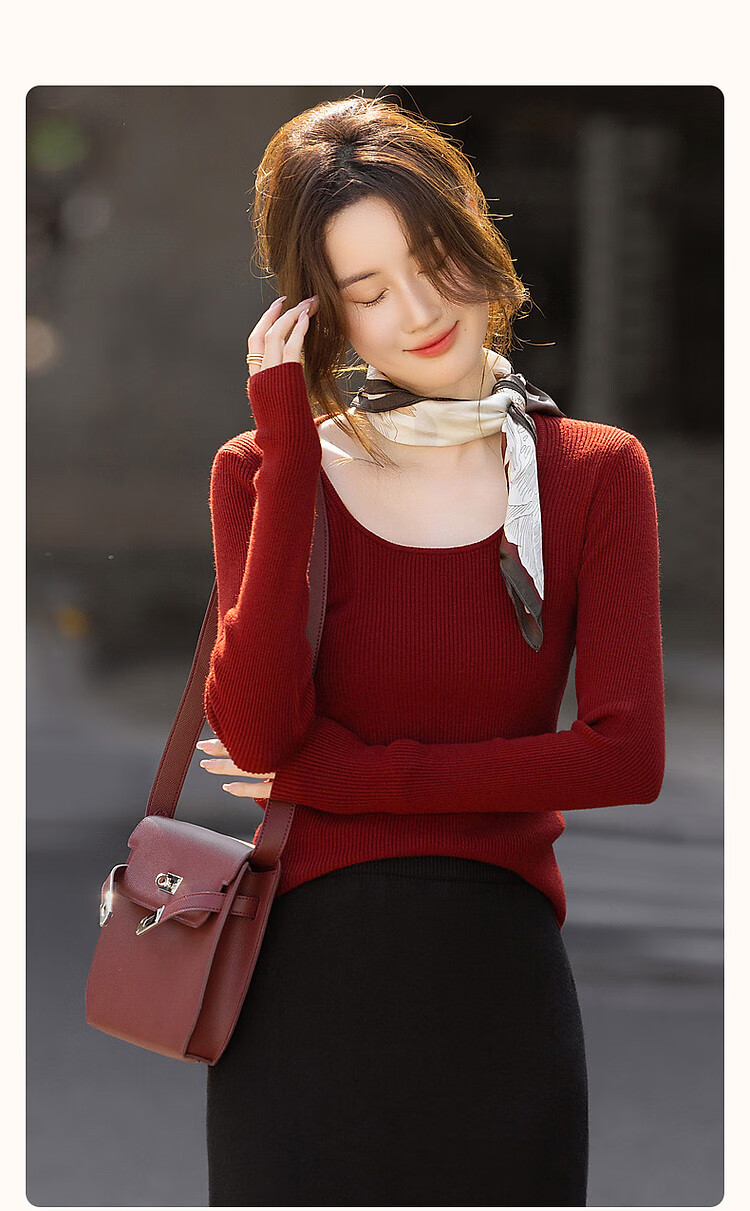 DME Winter Port Style Low Round Neck Slim Fit Concealing Long Sleeve Knit Top for Women Off-White M 3
