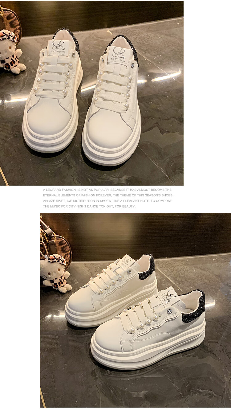 La Chapelle Women's Sneakers, Thick-Soled White Shoes, Versatile Pearl Lace-Up Sports White Shoes-JX005 Silver 39 15