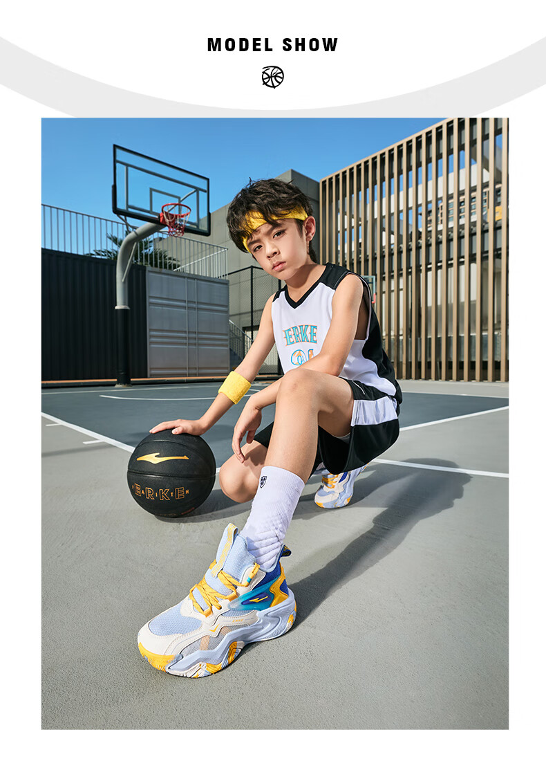ERKE Children's Basketball Shoes for Spring, Boys' Lace-Up Shock-Absorbing Sneakers, Micro-Crystal White/beeswax Orange, Size 39 29
