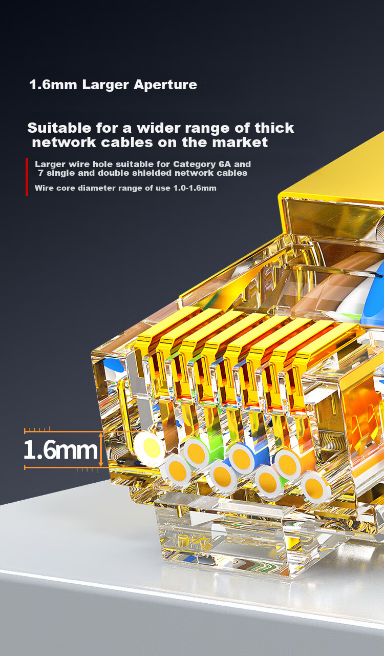 AMPCOM 10 Gigabit Category 8 Ethernet Cable Connector, 50U Copper Shell Gold-Plated RJ45 Shielded, 1.6mm Aperture 8P8C Computer CAT8 Dovetail Clamp Network Connector, 6 Pieces AMC8506TC 3