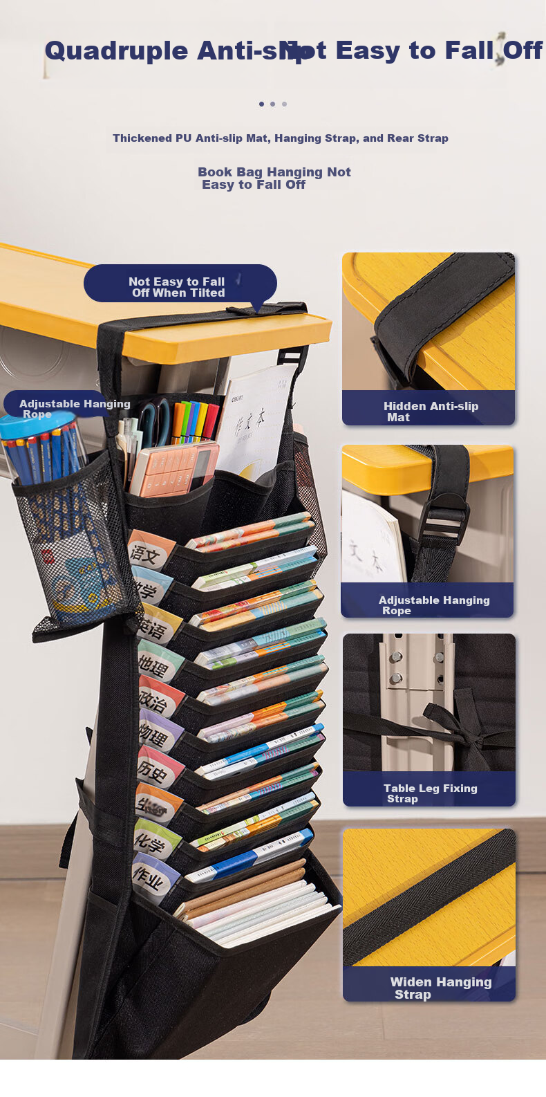 Deli Hanging Book Bag Desk Organizer, Upgraded D Storage Desk Hanging Bag, Book Bag, Student Book Storage Solution, Thickened Thirteen-Layer Design, Black Back-To Stationery Gift 5