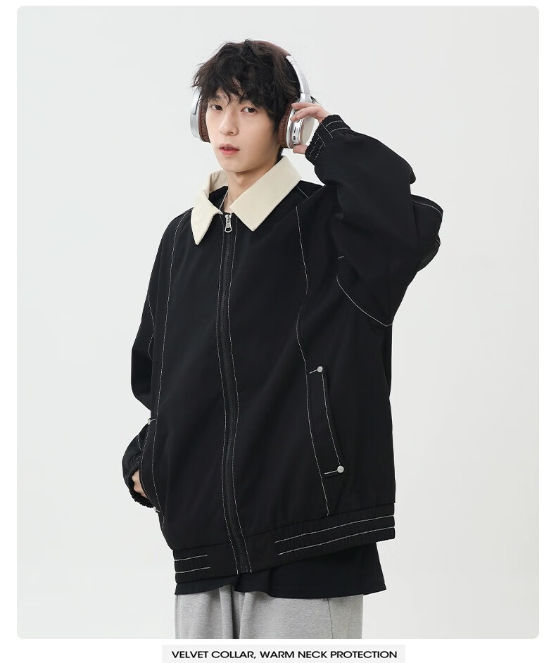 Wassup Sohot Men's Jacket, Spring And Autumn American Workwear Style Coat, Trendy Loose-Fit Lapel Outerwear for Men, Black, Size M 3