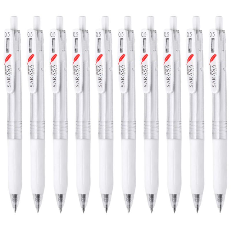 ZEBRA JJ99 Red Feather Retractable Gel Pen, 0.5mm Bullet Tip Signing Pen, Student Note-Taking Exam Practice Pen, Office Use Black Pen, White Barrel with Black Ink, Pack of 10