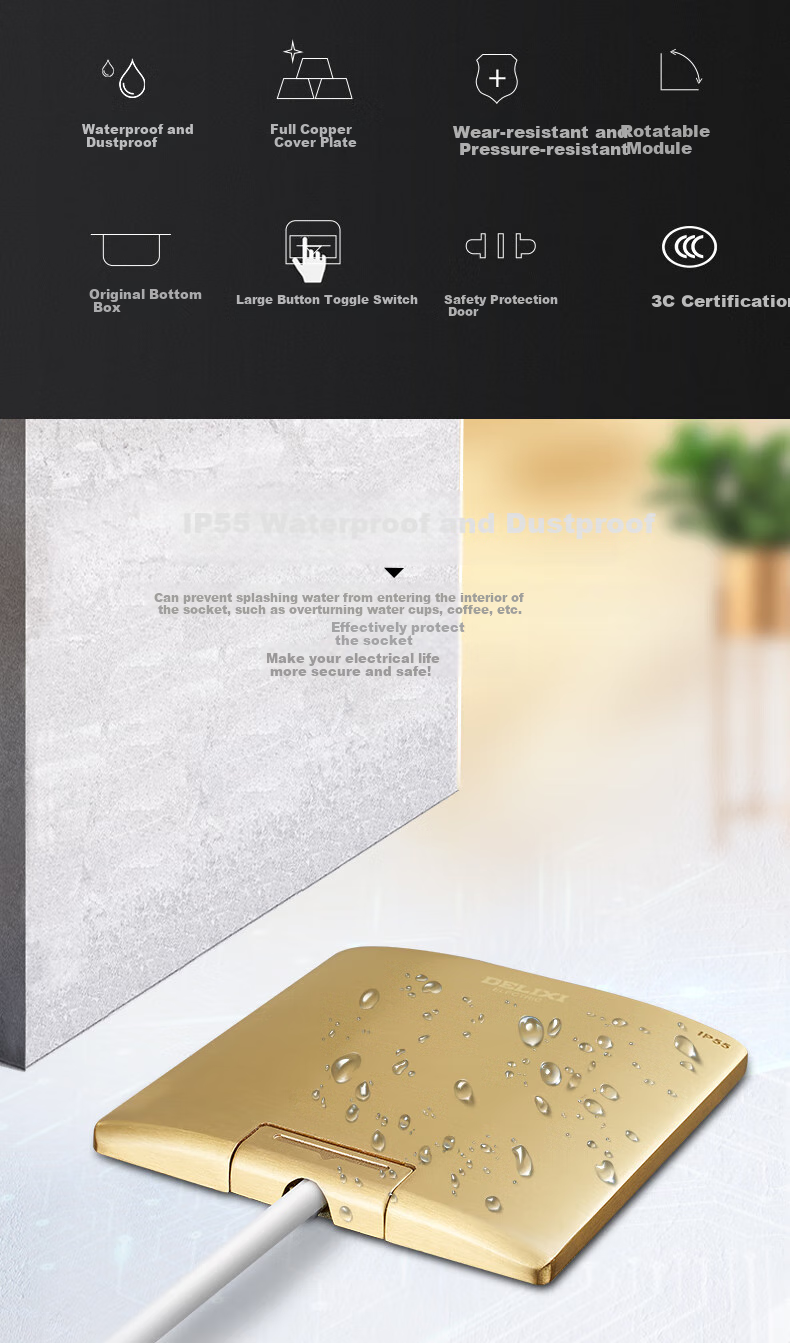 DELIXI Switch Socket, Gold Five-Hole Copper Floor Socket, Flip-Cover Waterproof Floor Socket (Including Concealed Box) 3