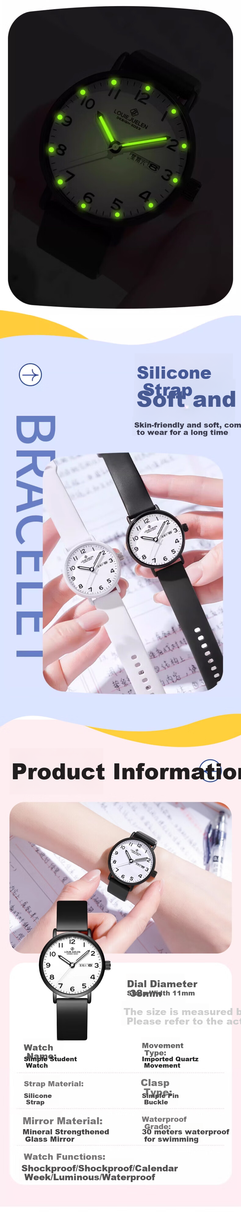 LOUIE JUELEN Student Exam Watch for Women And Men, Middle School And High School Students, Silent Simple Mechanical Quartz Watch for Teenagers 5