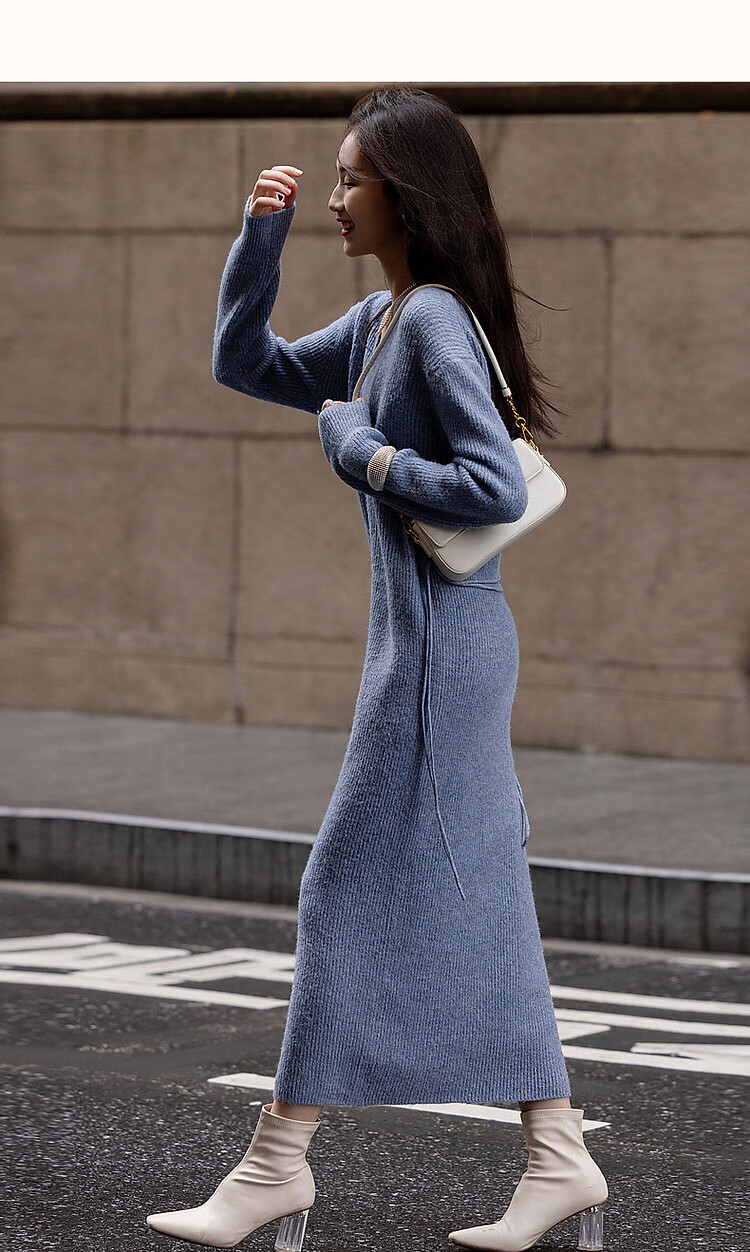 Dme Spring And Autumn Elegant V-Neck Loose-Fitting Drop Shoulder A-Line Slimming Belt Midi Dress for Wome 13