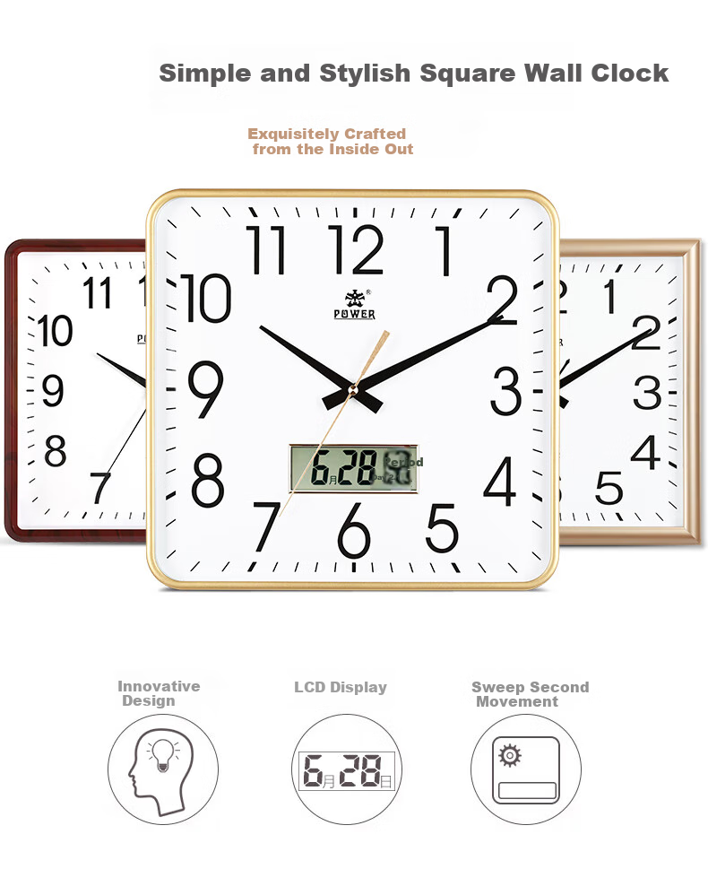 POWER Bawang Perpetual Calendar Wall Clock Living Room Clock Modern Simple Square Quartz Clock 33cm BW24021F1 2