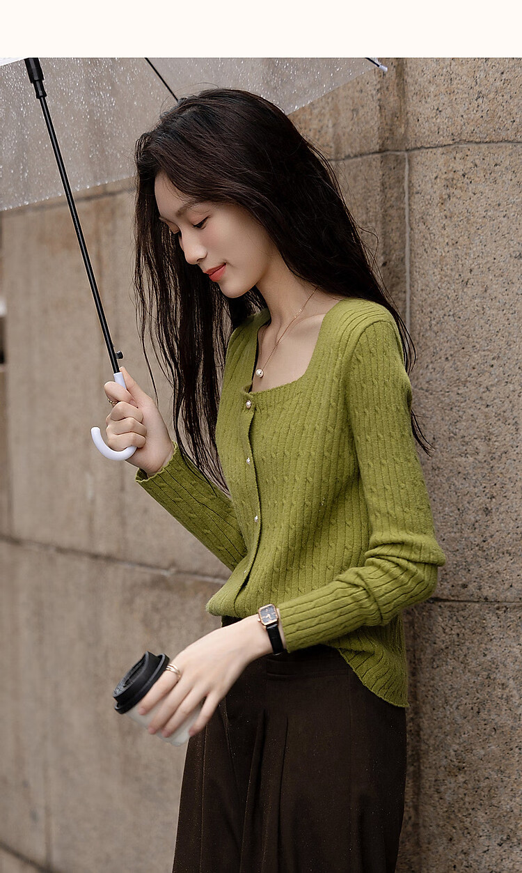 Dme (Xuainitianxin) Spring And Autumn French Square Collar Sweater, Simple Style Long-Sleeve Cardigan, Soft Elastic Knit Sweater, Women's Top 13
