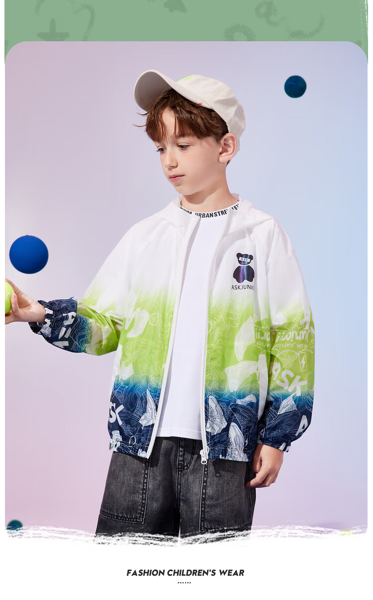 ASK JUNIOR Boys' Summer Air-Conditioned Jacket Skin Coat Colorblock Hooded Sports Windbreaker Light Blue 160 5