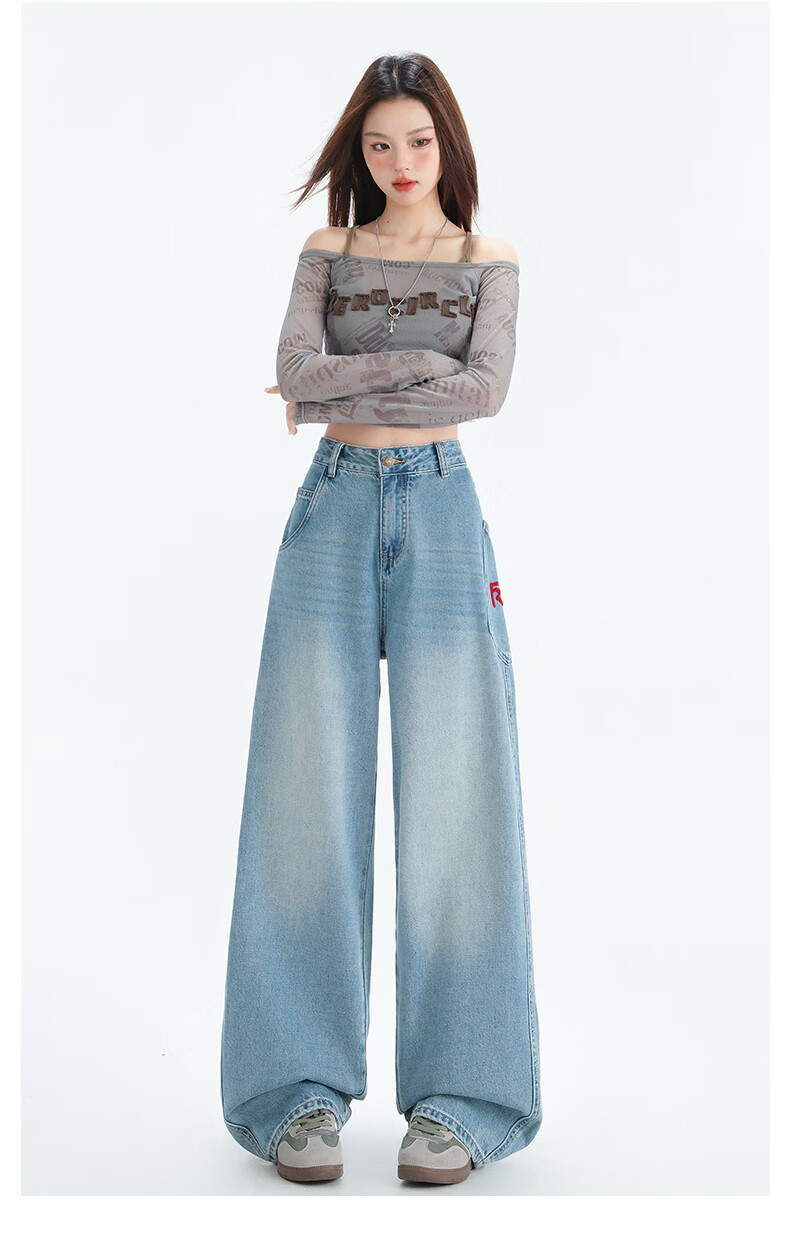 LangSha Embroidered Wide-Leg Jeans for Women, Spring 2025 Thin Vintage Style with Large Pockets, High-Waisted Washed Straight-Leg Jeans 12