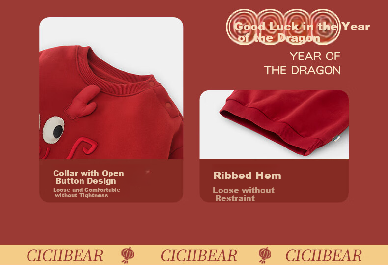 Ciciibear Boys' Dragon Year New Year Outfit, Red Fleece-Lined Sweatshirt, Children's New Year Winter Wear, Baby Winter Top 10