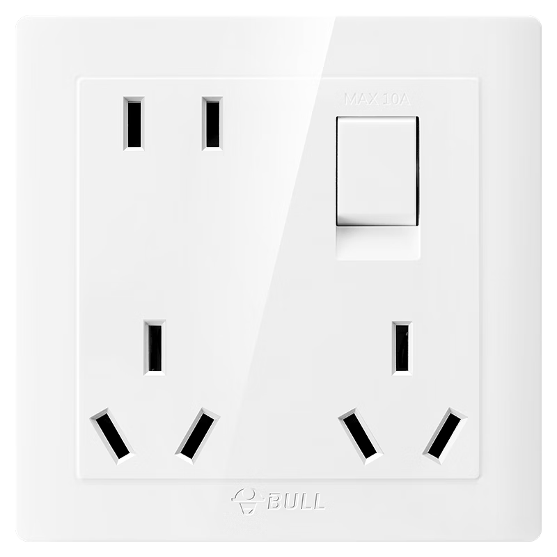 BULL Switch Socket, Single Control with Switch, Eight-Hole Socket, 86-Type Panel, G32E431, White