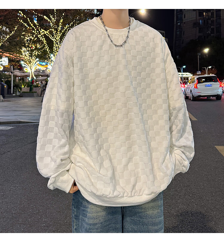 Dingfengbaoluo Japanese-Style Plaid Crew Neck Sweatshirt for Men, Spring Loose-Fitting High-End Casual Base Layer Top DFL77 Black XL 7