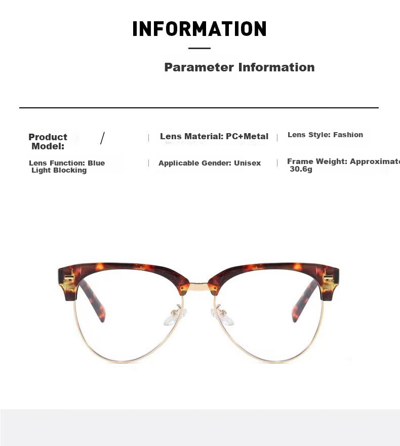 Boshide Myopia Glasses, Anti-Blue Light Glasses, Korean Retro Semi-Rimless Cat Eye Plain Lens Glasses, Douhua Frame 100 Degrees 12