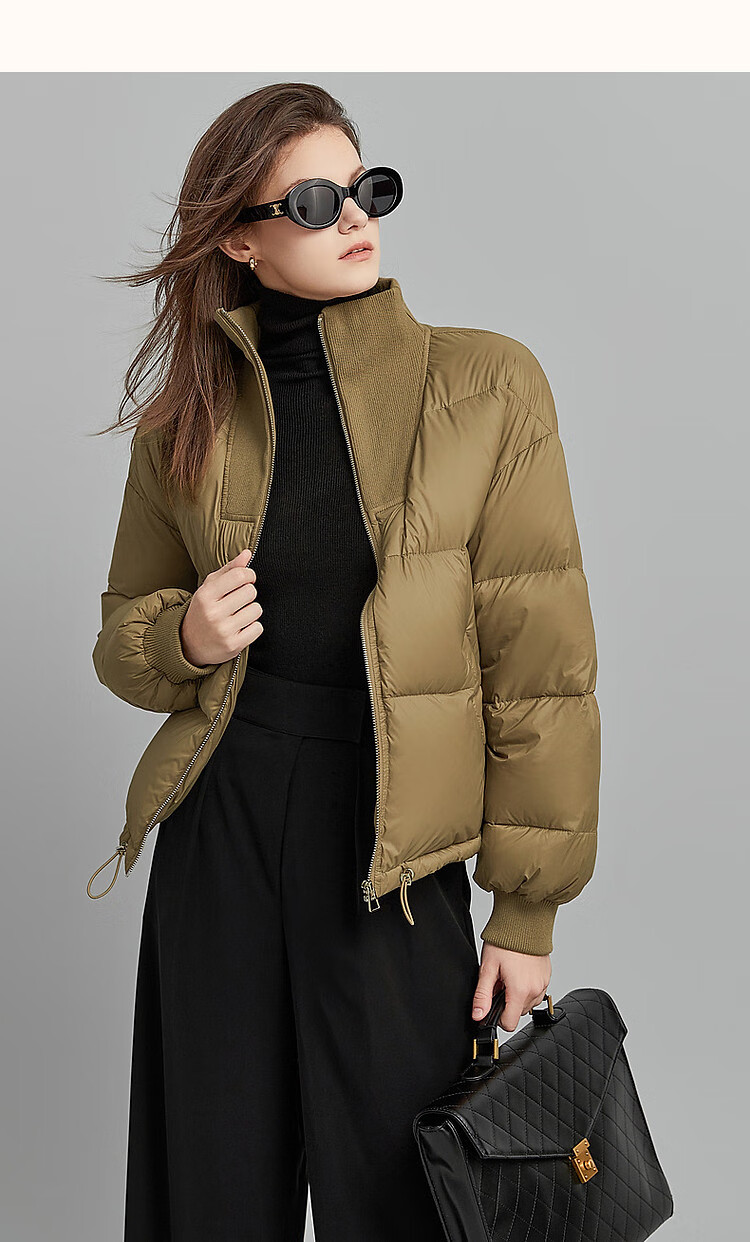 Dme [Tade Xie Erxing] Winter Stand-Collar 90% Duck Down Outdoor Long-Sleeve down Jacket for Women, Short Style, Deep Khaki, XS 9