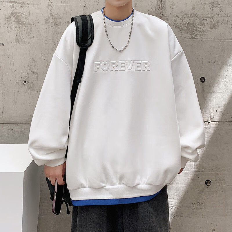 Dingfengbaoluo American Retro Crew Neck Sweatshirt for Men, Spring Trendy Steel-Printed Long-Sleeve Top DFL07 White XL