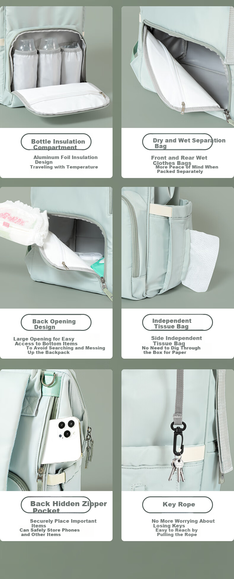 Baby Friend Mommy Bag, Large Capacity Backpack with Waterproof Dry And Wet Separation, Baby Backpack, Fresh Gree 5