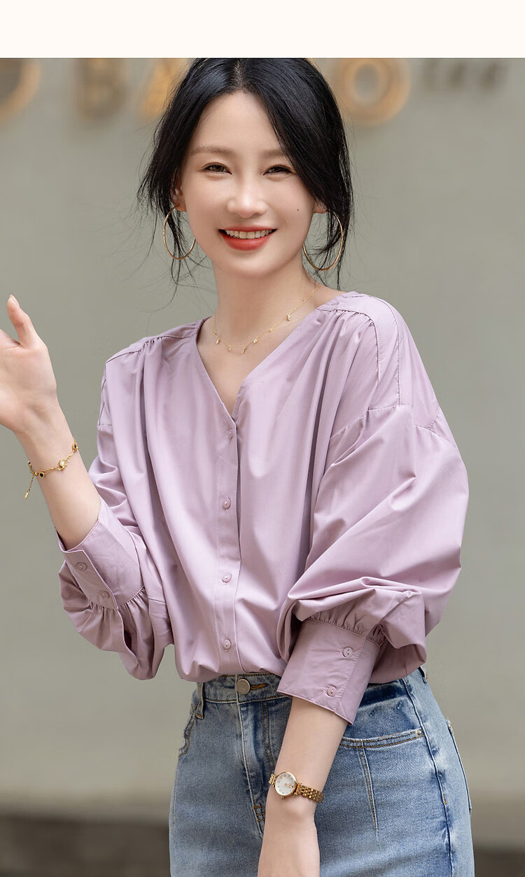 Dme [Dopamine Color Palette] Spring And Autumn French Relaxed V-Neck Shirt, Elastic Comfortable Slimming Blouse, Women's Top 14