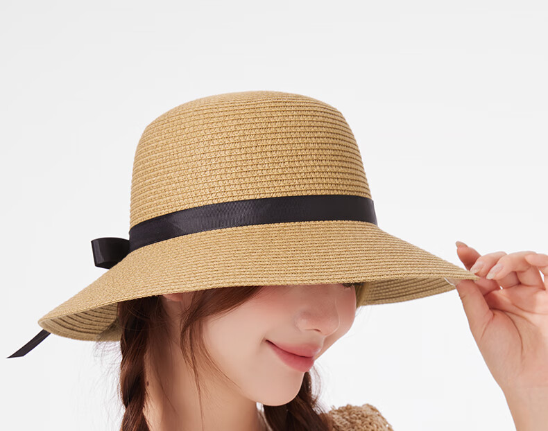 CACUSS Women's Sun Protection Hat, Spring And Summer Straw Hat, Sun Visor, Fisherman Hat, Beach Outdoor Sweet Bow Tie Khaki 20