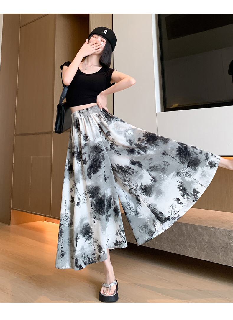Langsha New Chinese Style Chiffon Skirt Pants for Women, Summer Lightweight New High-Waist Ink Painting Chinese Style Wide-Leg Trousers 15