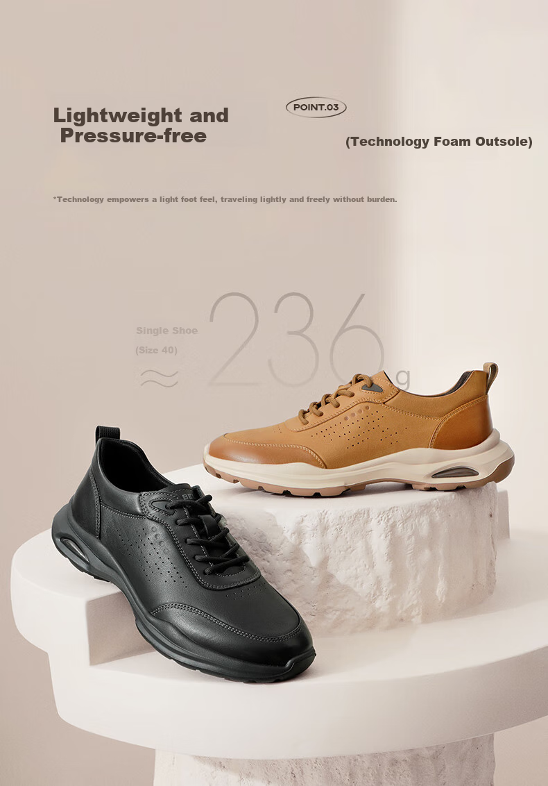 Belle Lightweight Thick-Soled Casual Shoes for Men, Same Style As in Shopping Malls, Cowhide Business Sneakers 8GZ01BM4, Khaki Color, Size 42 6