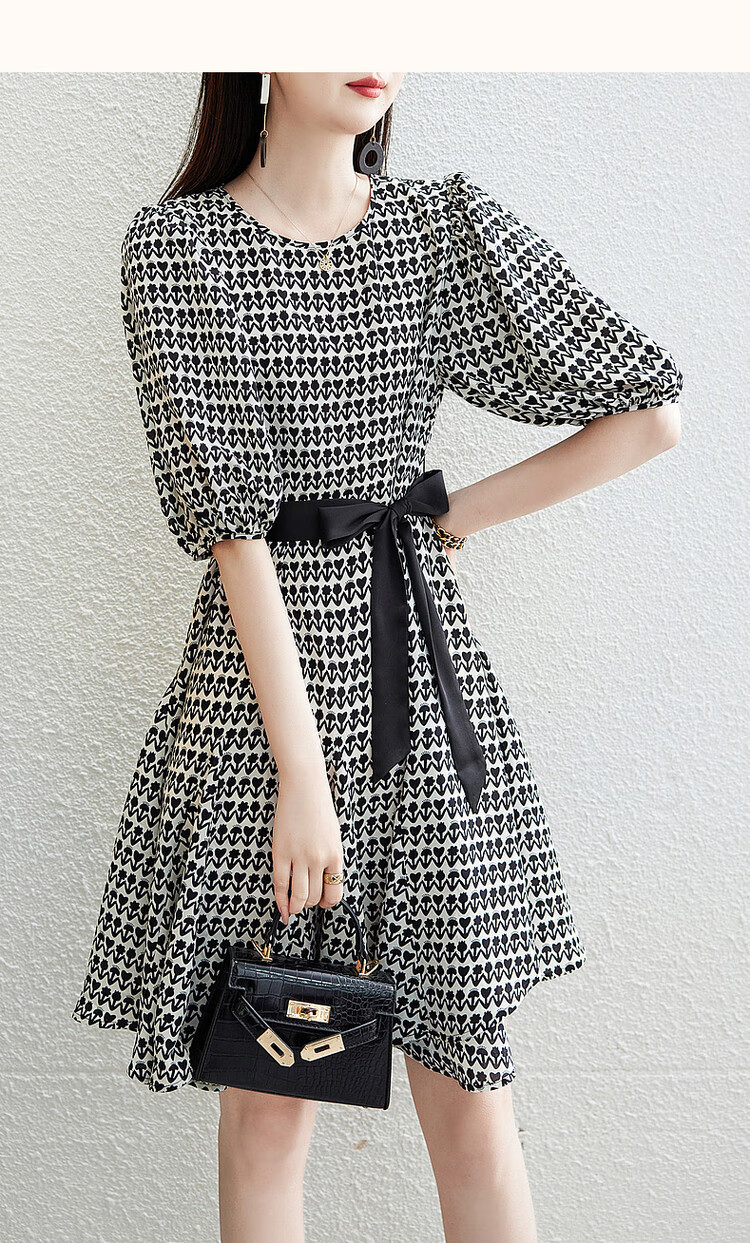 DME Floral Tie-Waist Flared Skirt New Round Neck Waist-Cinching Puff Sleeve Mid-Length Dress for Women Black XL 10