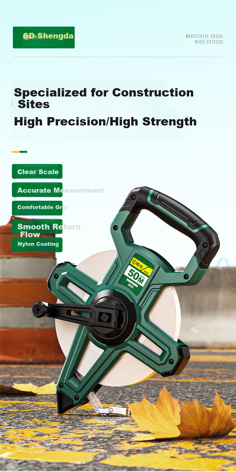 Shengda PVC Glass Fiber Tape Measure, 100 Meters Frame-Type PVC Glass Fiber Tape Measure, Reel-Type Measuring Tape, Leather Tape Measure for Engineering Measurement 1