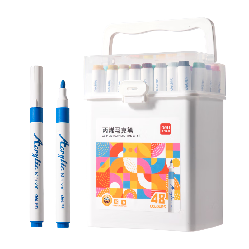 Deli 48-Color Round Barrel Acrylic Markers for Children And Students, Bucket of Watercolor Pens, Birthday Gift, Waterproof Hand-Drawn Guka Fluorescent Highlighters for Graffiti HM353 Art Education Graduation Gift