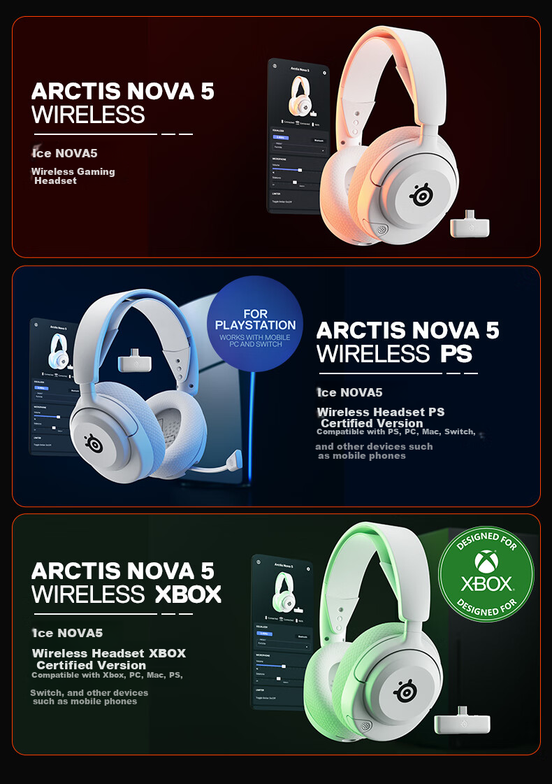 SteelSeries Hanbing Nova5P White, 2.4G/Bluetooth Headset, Dual Wireless Connection, Gaming E-Sports Computer Noise-Cancelling Headset, PS5 Enhanced, for CS:GO, PUBG, Gaokao 3