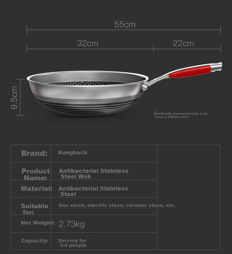 KBH Fifth Generation Wok, Antibacterial Stainless Steel Non-Stick Pan, Double-Sided Honeycomb Flat Bottom Deep Frying Wok for Stir-Frying 11