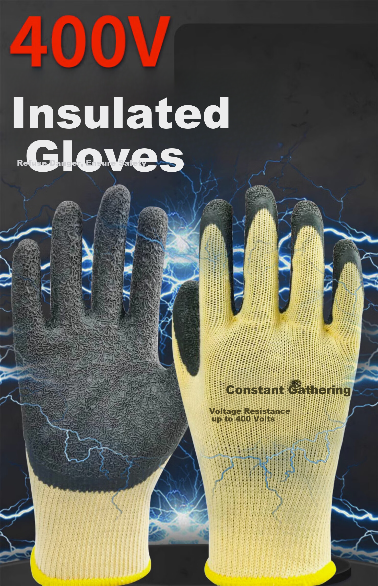 Hengju Insulation Gloves, 400V Electrical Work Gloves, Low-Voltage Anti-Electric Shock Specialized, Electric Shock-Resistant, Wear-Resistant, Non-Slip Coated Gloves 1