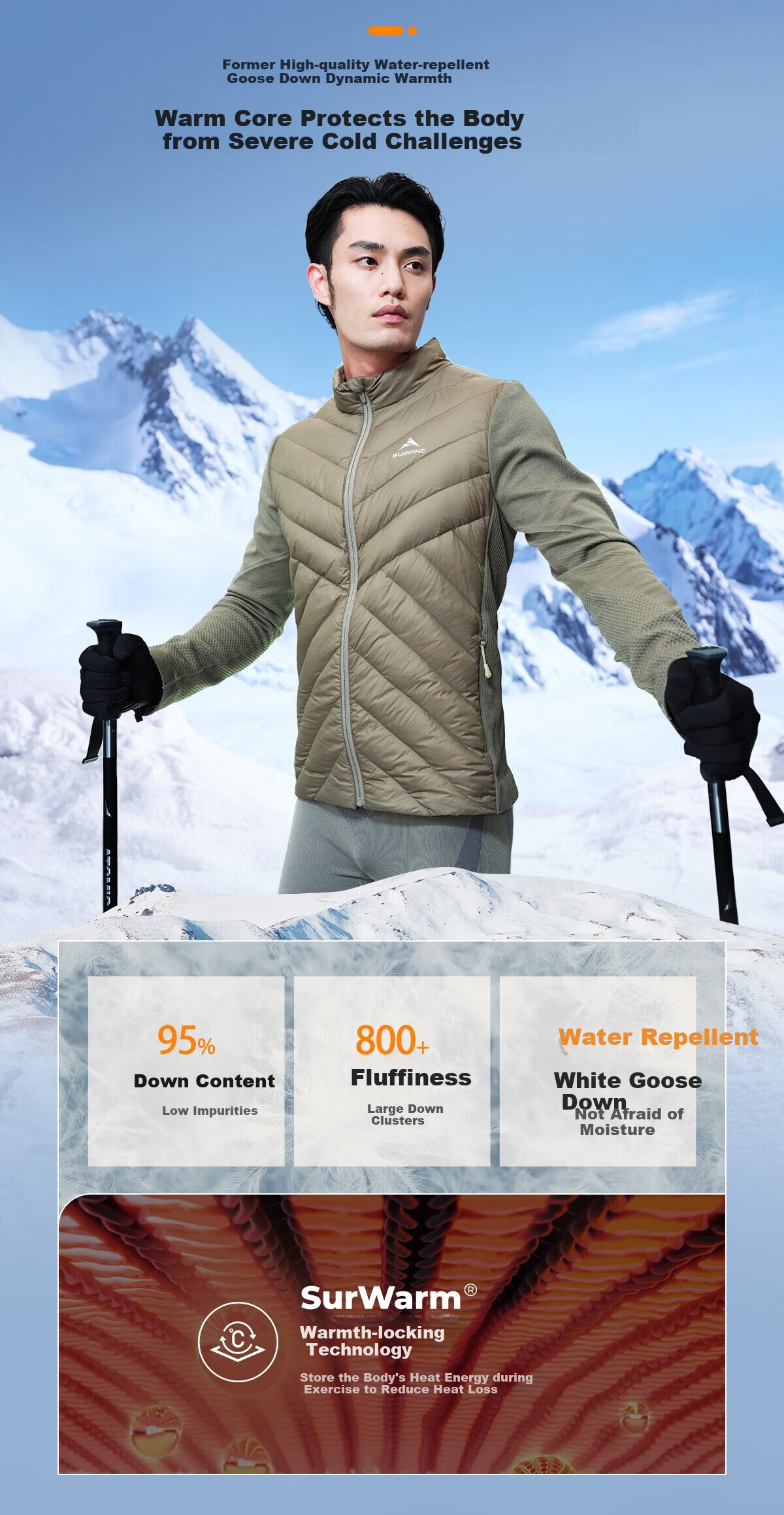SURPINE Merino Wool Ski Down Jacket Inner Liner, Warm Outdoor Men's Autumn Winter Coat 2