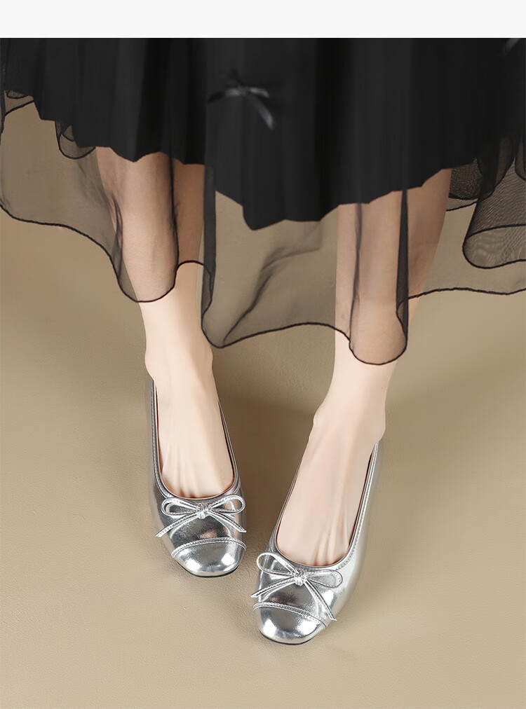 ZHR Silver Women's Ballet Flats with Bow, Soft Flat Sole Slip-On Loafers AH606 Silver 35 8