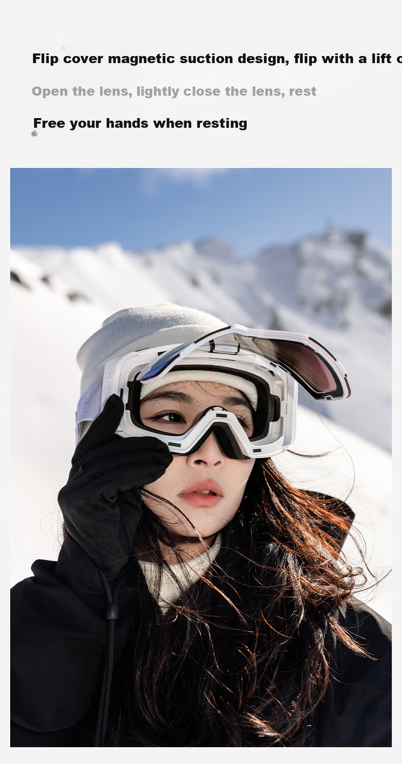 Flow Theory Magnetic Flip-Up Anti-Fog Ski Goggles for Men And Women, Suitable for Single And Double Board Skiing, with Photochromic Lenses for Myopia Protection, Obsidian Black 6
