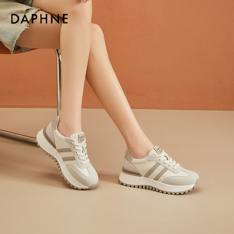 DAPHNE Women's Sports Casual Shoes, Thick-Soled Lightweight Comfortable Height-Increasing Versatile Low-Top Travel Dad Shoes, Apricot Color, Size 37