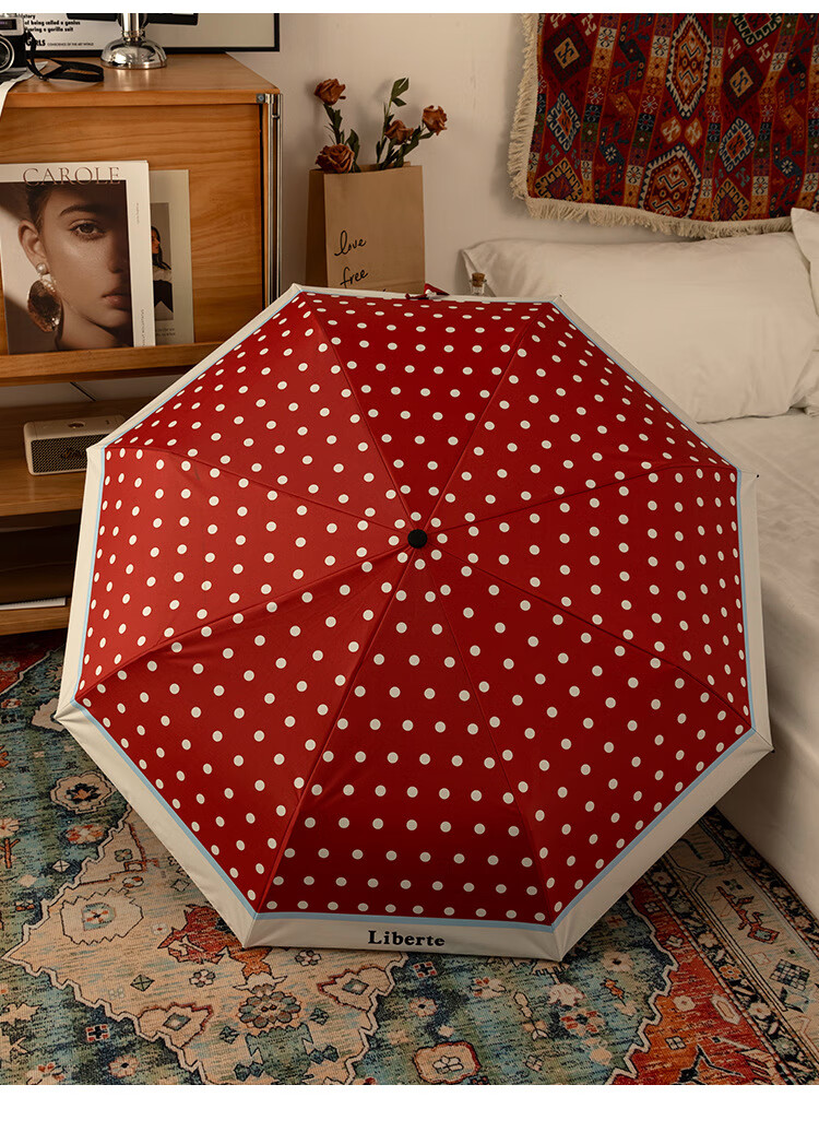 Fanyejia Vintage Hong Kong Style Sun Umbrella, Dual-Use for Sunny And Rainy Days, French Polka Dot Design, Sun Protection, UV Protection, Foldable, Curved Hook, Women's Sunshade Umbrella 11