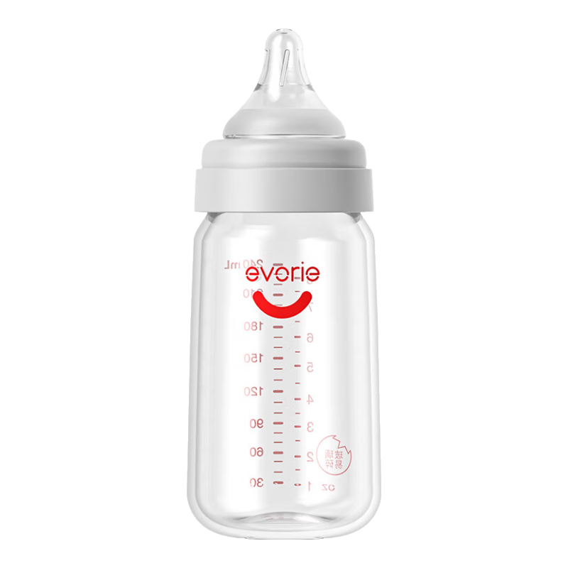 Evorie Glass Baby Bottle, Wide Neck Bottle, Infant Bottle 240ml (0-3 Months+)