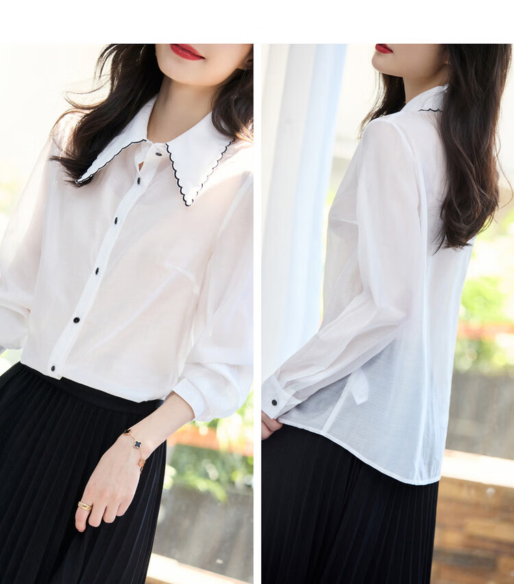 Dme [Detachable Bow Blouse] Spring And Autumn Embroidered Lapel Long-Sleeve Contrasting Color Women's Top Shirt 11