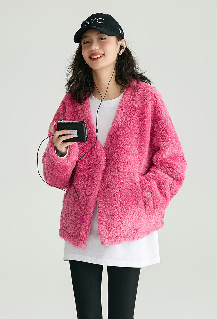 Dme Sunset Rose Knit Sweater Winter Pink Large Pocket V-Neck Energetic Sweet Girl Style Cardigan Honey Pink S 4