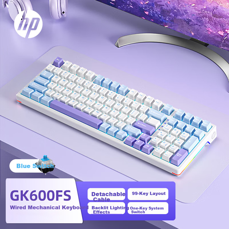 HP GK600FS Mechanical Keyboard for Desktop And Laptop, Office And Gaming Wired Keyboard with 99 Keys, 20 Lighting Effects, Detachable Cable, Coral Sea Three-Tone Ice Blue Light Blue Switch